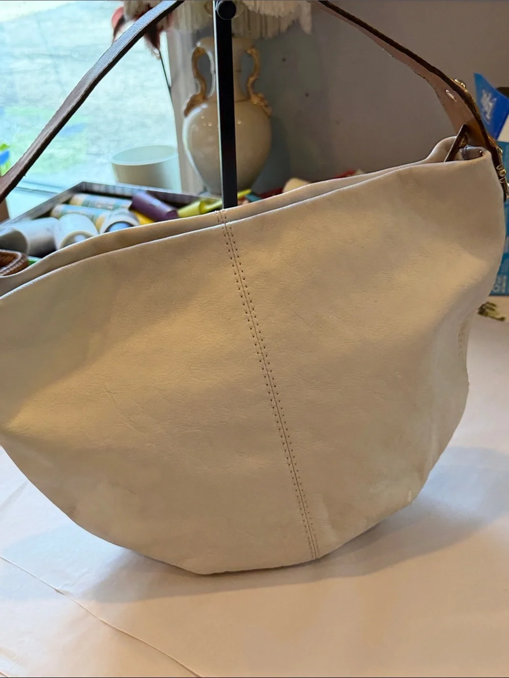 Michael Kors Cream Leather Hobo Bag with Brown Strap Vintage Gold hardware